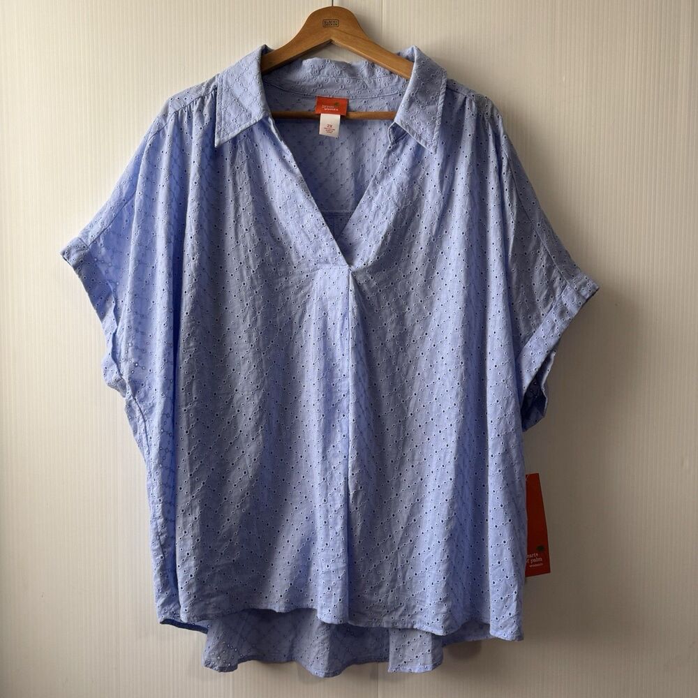 NEW 2X Hearts of Palm Woman Blue Eyelet Cap Sleeve Pullover Top With Lining